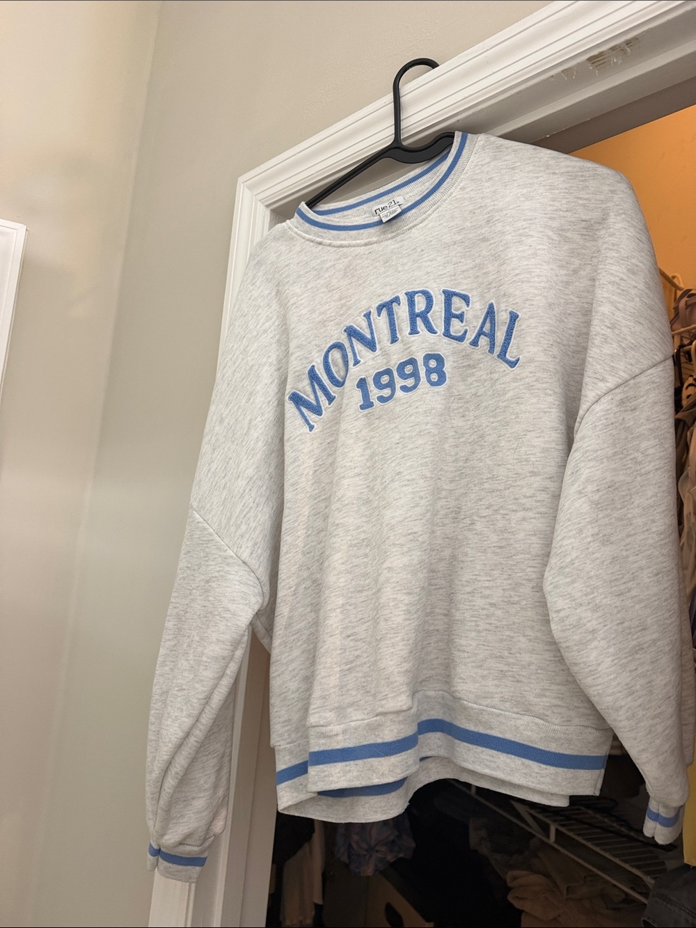 Rue21 Light Gray Crewneck Sweatshirt with Blue Lettering